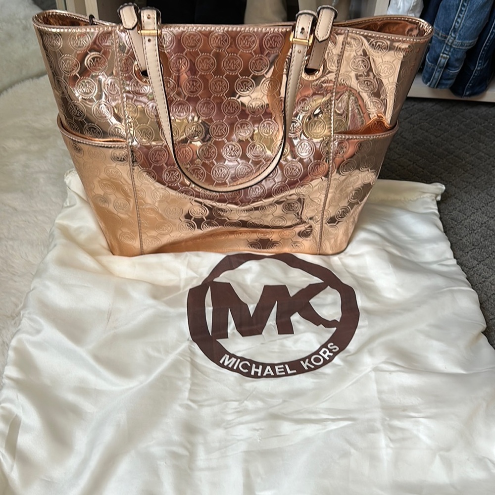 Rose gold Michael Kors monogram metallic bag